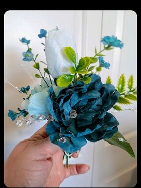 Teal Silk Floral Wrist Corsage And Matching Boutonniere with Crystal Set Sprays